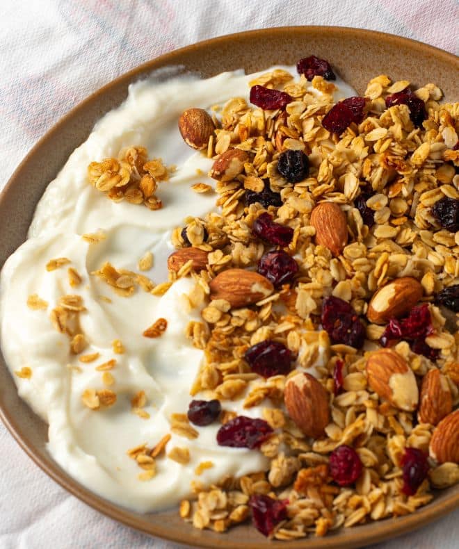 Almond-Cranberry-Granola on brown plate with Greek yogurt