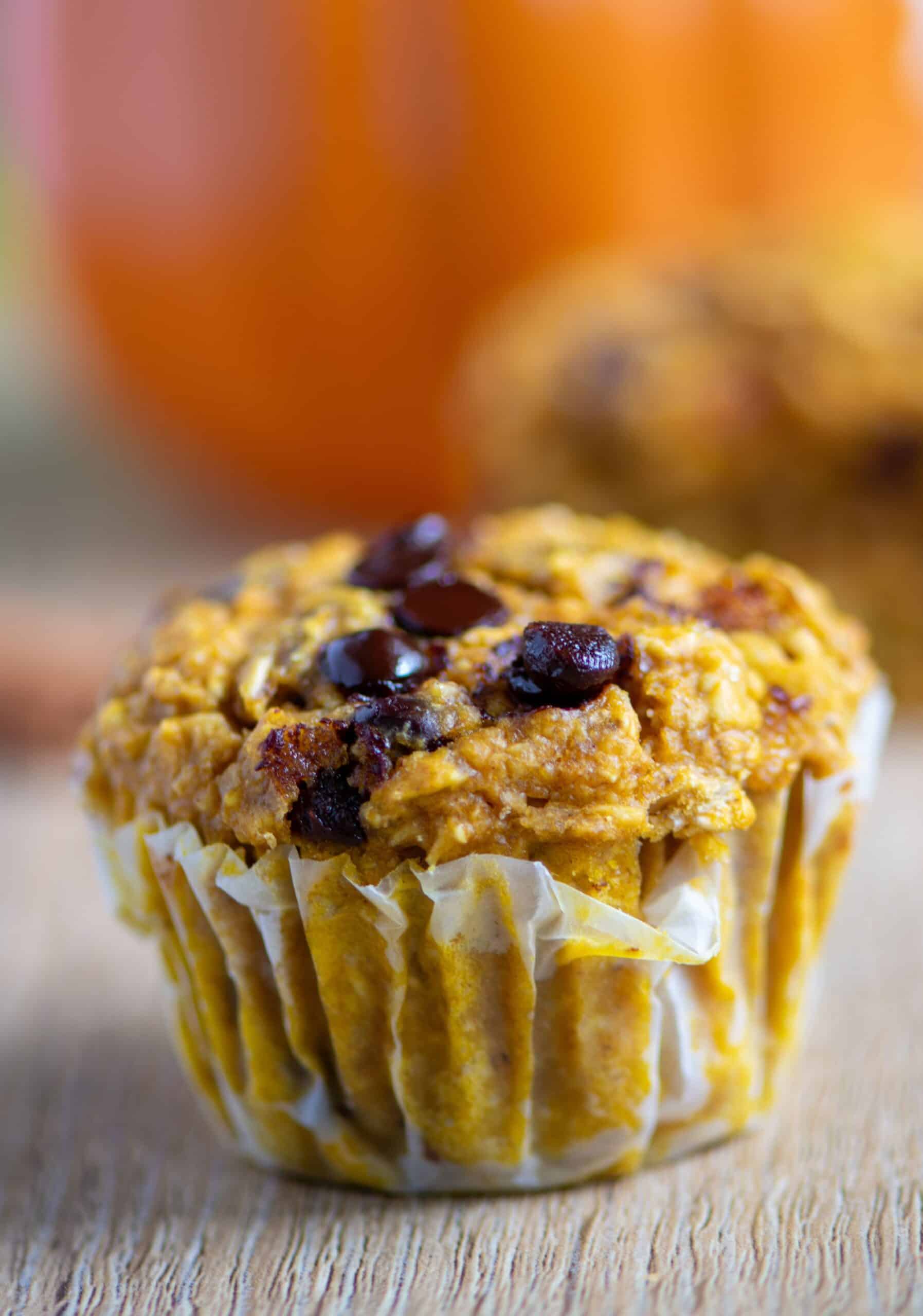 A close up of a pumpkin muffin with oats and chocolate chip