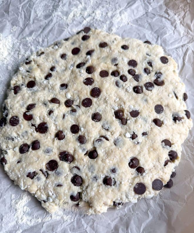 a dough of Chocolate Chip Protein Scones on a white paper