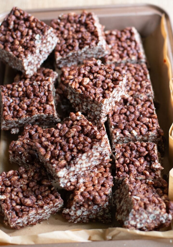 Chocolate Peanut Butter Crispy Bars in a pan